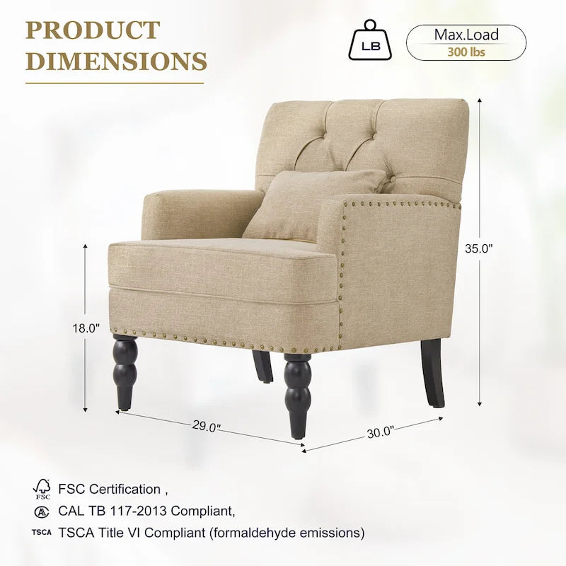 Lot de 2 fauteuils rembourrés avec accoudoirs, capitonnage à boutons et coussin lombaire, beige/gris/bleu clair