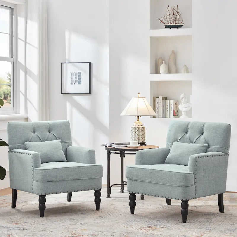 Lot de 2 fauteuils rembourrés avec accoudoirs, capitonnage à boutons et coussin lombaire, beige/gris/bleu clair