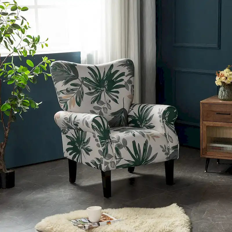 Fauteuil d’appoint moderne à dossier haut avec accoudoirs, canapé une place rembourré en tissu et capitonné à boutons, avec pieds en bois pour le salon