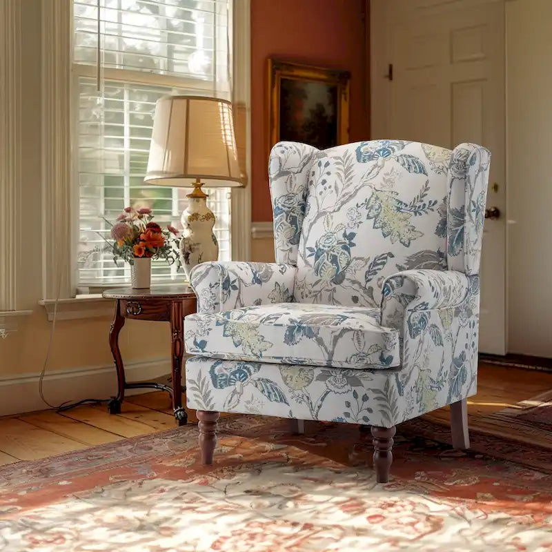 Fauteuil d’appoint moderne à dossier haut avec accoudoirs, canapé une place rembourré en tissu et capitonné à boutons, avec pieds en bois pour le salon