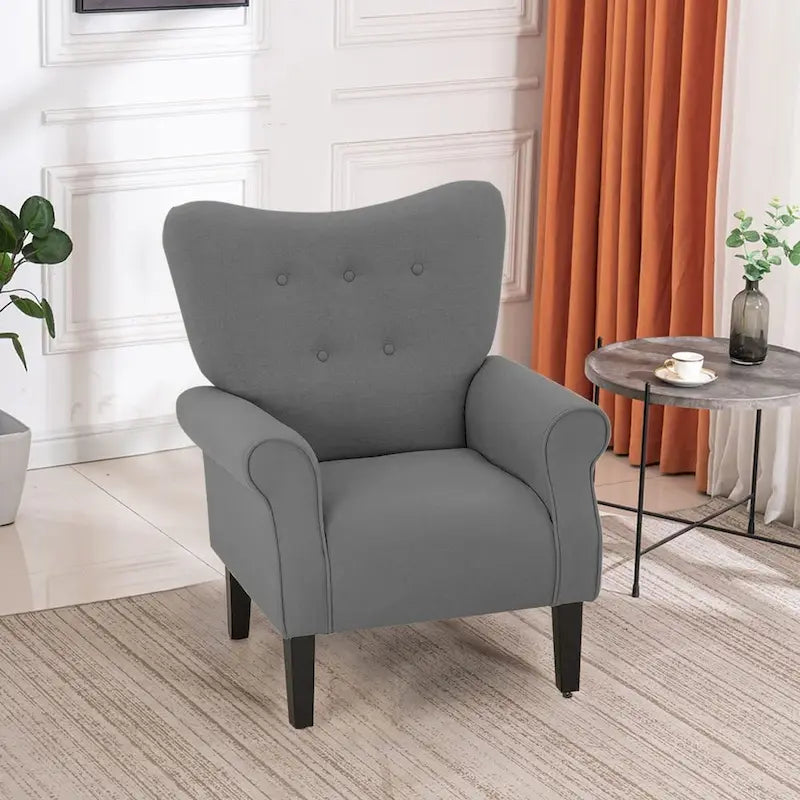 Fauteuil d’appoint moderne à dossier haut avec accoudoirs, canapé une place rembourré en tissu et capitonné à boutons, avec pieds en bois pour le salon