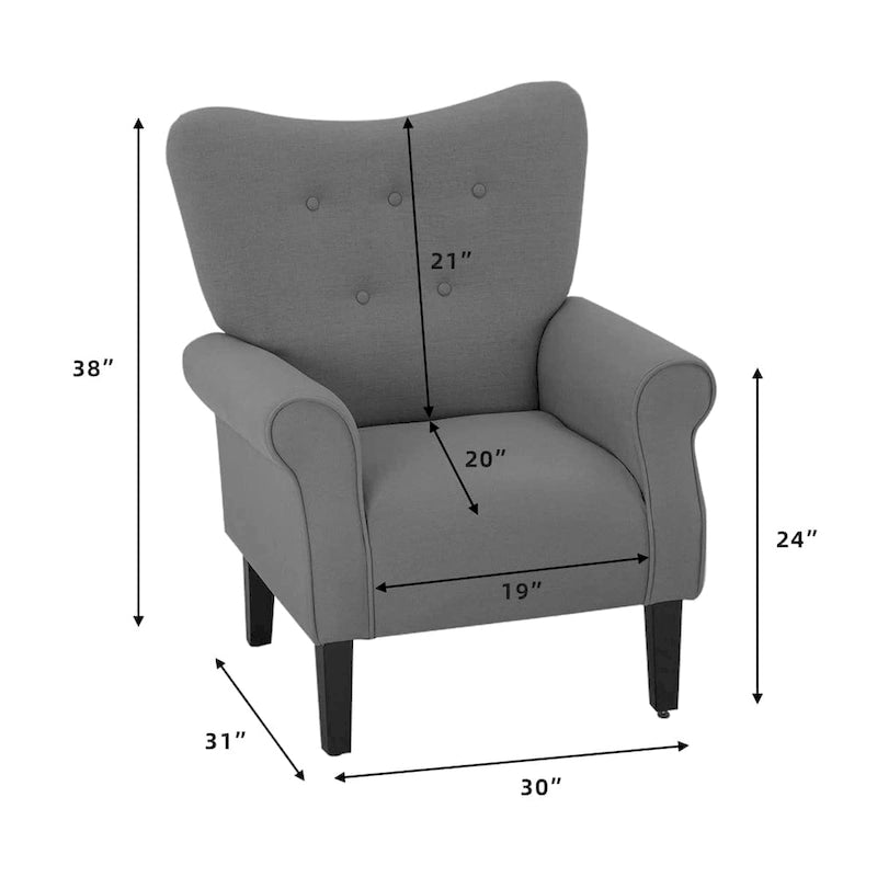 Fauteuil d’appoint moderne à dossier haut avec accoudoirs, canapé une place rembourré en tissu et capitonné à boutons, avec pieds en bois pour le salon