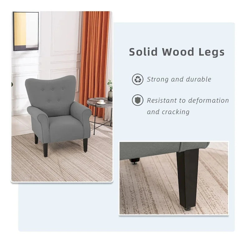 Fauteuil d’appoint moderne à dossier haut avec accoudoirs, canapé une place rembourré en tissu et capitonné à boutons, avec pieds en bois pour le salon