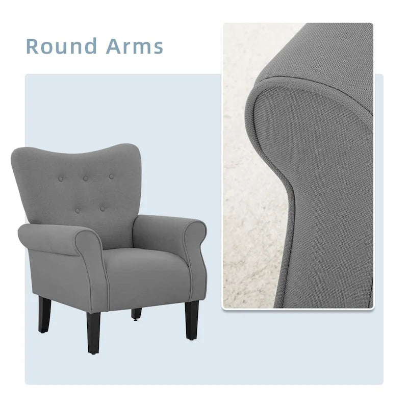 Fauteuil d’appoint moderne à dossier haut avec accoudoirs, canapé une place rembourré en tissu et capitonné à boutons, avec pieds en bois pour le salon