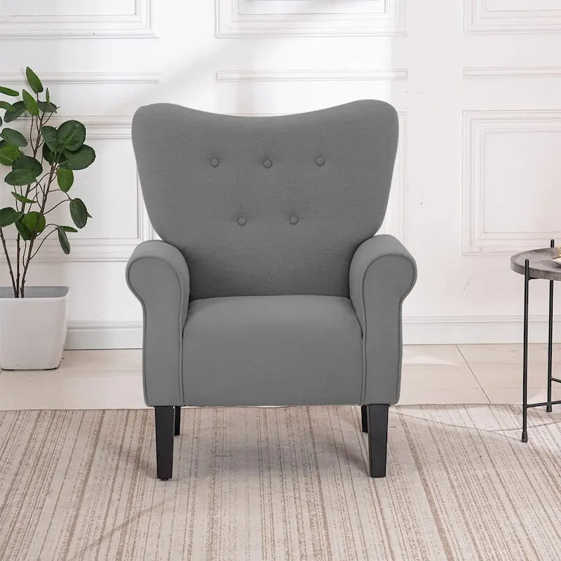 Fauteuil d’appoint moderne à dossier haut avec accoudoirs, canapé une place rembourré en tissu et capitonné à boutons, avec pieds en bois pour le salon