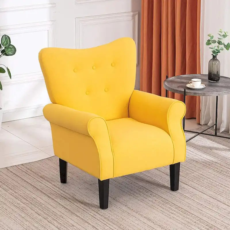 Fauteuil d’appoint moderne à dossier haut avec accoudoirs, canapé une place rembourré en tissu et capitonné à boutons, avec pieds en bois pour le salon