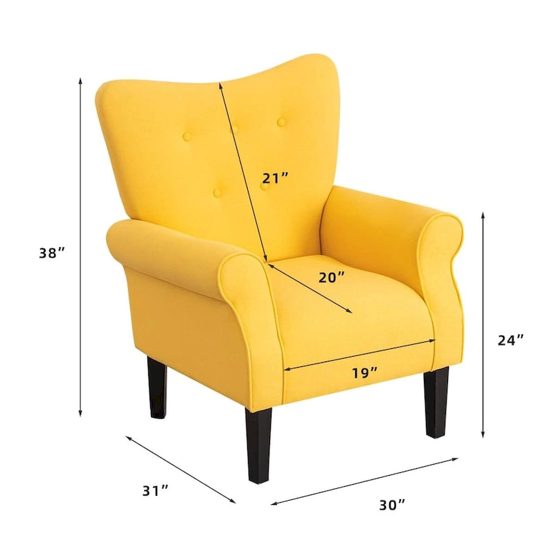 Fauteuil d’appoint moderne à dossier haut avec accoudoirs, canapé une place rembourré en tissu et capitonné à boutons, avec pieds en bois pour le salon