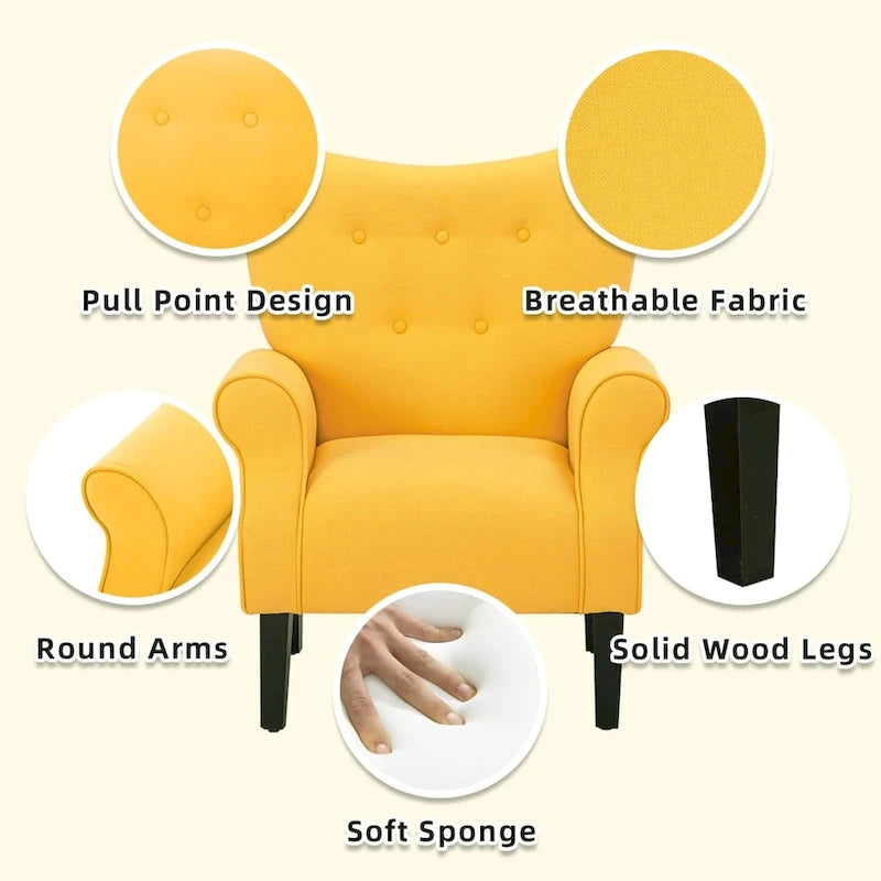 Fauteuil d’appoint moderne à dossier haut avec accoudoirs, canapé une place rembourré en tissu et capitonné à boutons, avec pieds en bois pour le salon