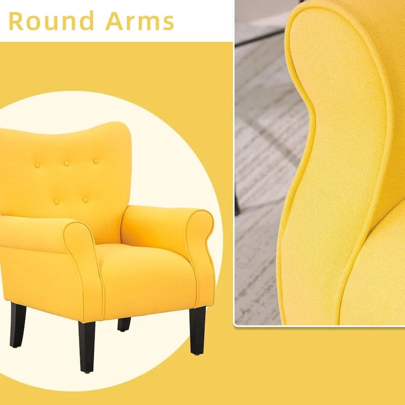 Fauteuil d’appoint moderne à dossier haut avec accoudoirs, canapé une place rembourré en tissu et capitonné à boutons, avec pieds en bois pour le salon