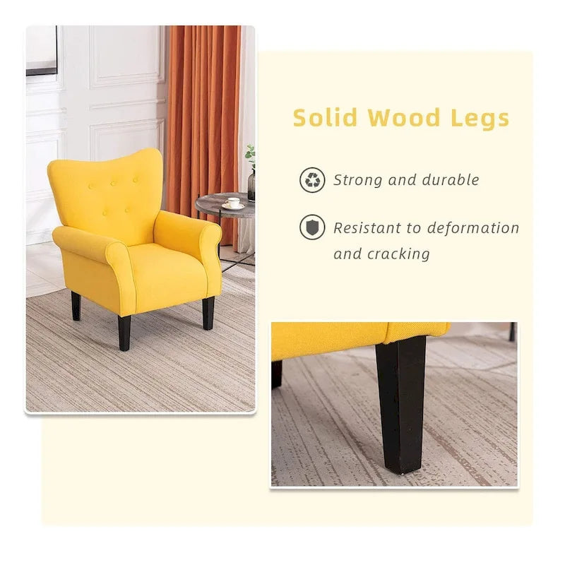 Fauteuil d’appoint moderne à dossier haut avec accoudoirs, canapé une place rembourré en tissu et capitonné à boutons, avec pieds en bois pour le salon