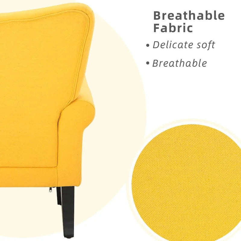 Fauteuil d’appoint moderne à dossier haut avec accoudoirs, canapé une place rembourré en tissu et capitonné à boutons, avec pieds en bois pour le salon