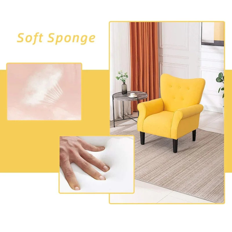 Fauteuil d’appoint moderne à dossier haut avec accoudoirs, canapé une place rembourré en tissu et capitonné à boutons, avec pieds en bois pour le salon