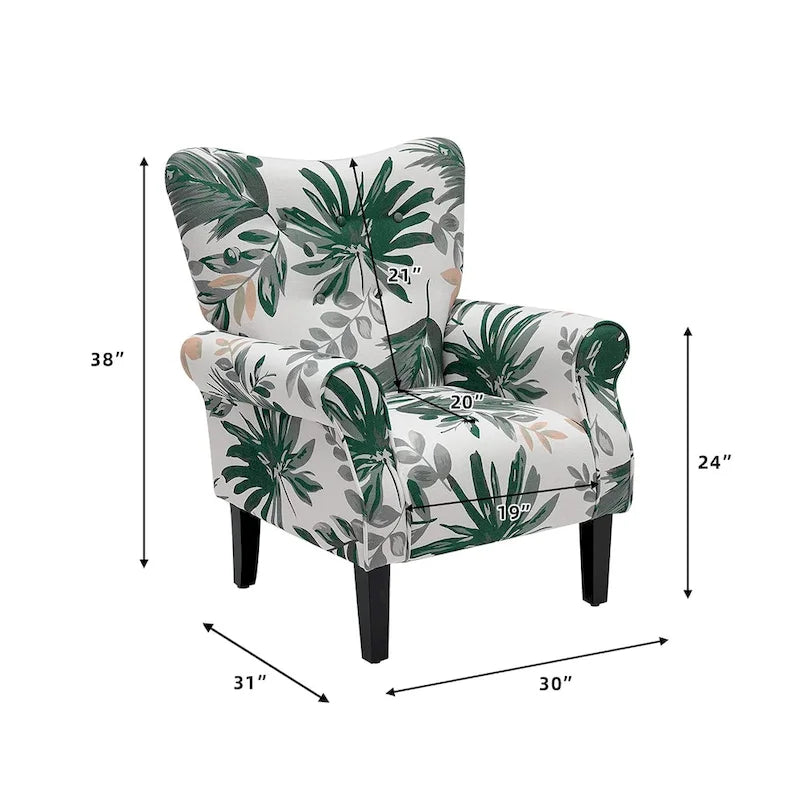 Fauteuil d’appoint moderne à dossier haut avec accoudoirs, canapé une place rembourré en tissu et capitonné à boutons, avec pieds en bois pour le salon