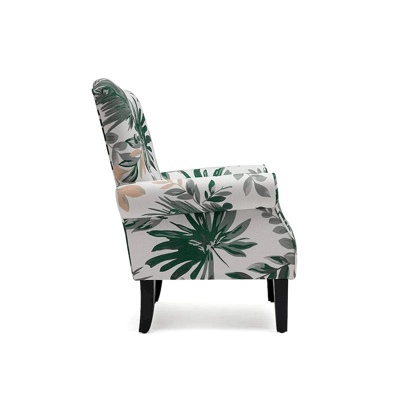 Fauteuil d’appoint moderne à dossier haut avec accoudoirs, canapé une place rembourré en tissu et capitonné à boutons, avec pieds en bois pour le salon