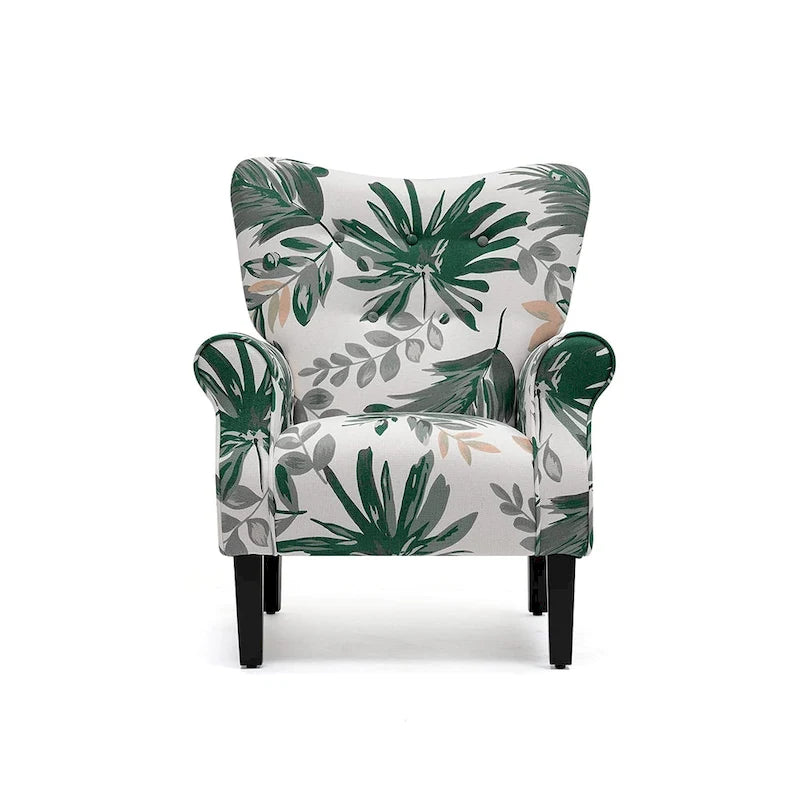 Fauteuil d’appoint moderne à dossier haut avec accoudoirs, canapé une place rembourré en tissu et capitonné à boutons, avec pieds en bois pour le salon
