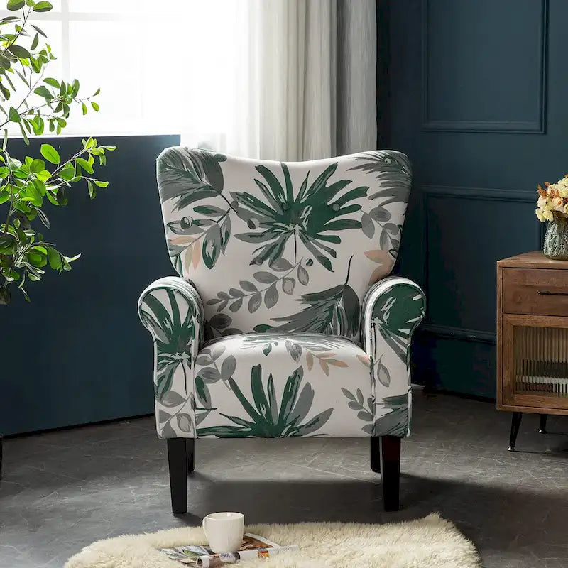 Fauteuil d’appoint moderne à dossier haut avec accoudoirs, canapé une place rembourré en tissu et capitonné à boutons, avec pieds en bois pour le salon