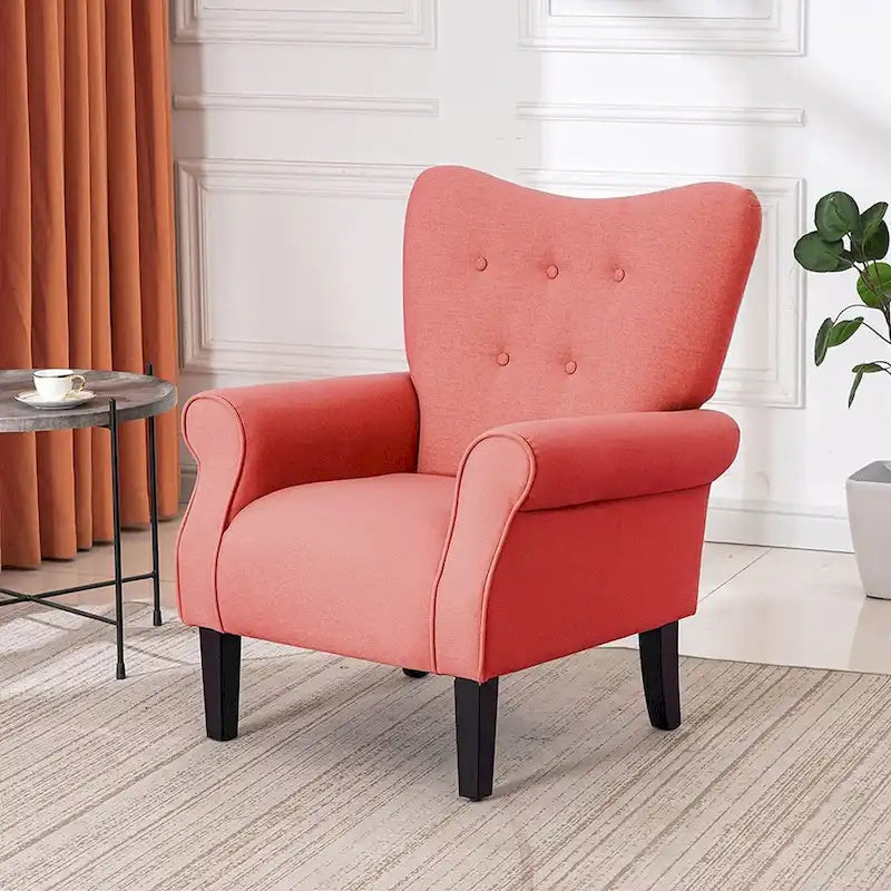 Fauteuil d’appoint moderne à dossier haut avec accoudoirs, canapé une place rembourré en tissu et capitonné à boutons, avec pieds en bois pour le salon