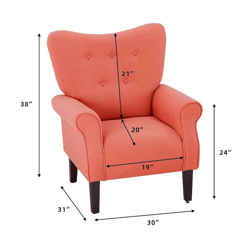 Fauteuil d’appoint moderne à dossier haut avec accoudoirs, canapé une place rembourré en tissu et capitonné à boutons, avec pieds en bois pour le salon