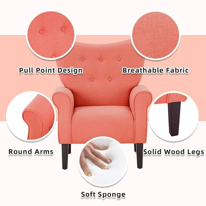 Fauteuil d’appoint moderne à dossier haut avec accoudoirs, canapé une place rembourré en tissu et capitonné à boutons, avec pieds en bois pour le salon