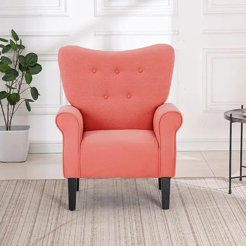 Fauteuil d’appoint moderne à dossier haut avec accoudoirs, canapé une place rembourré en tissu et capitonné à boutons, avec pieds en bois pour le salon