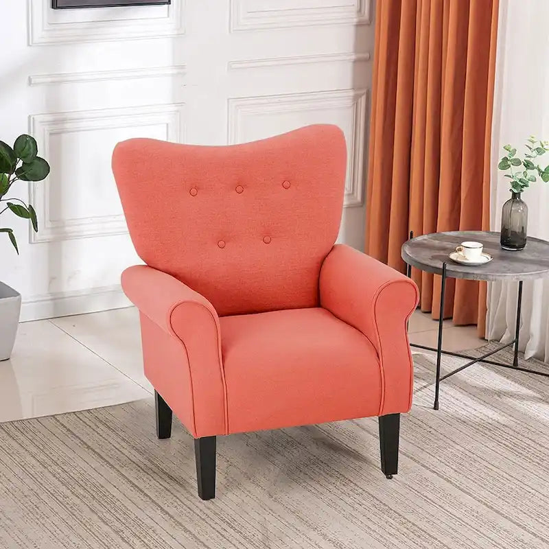 Fauteuil d’appoint moderne à dossier haut avec accoudoirs, canapé une place rembourré en tissu et capitonné à boutons, avec pieds en bois pour le salon
