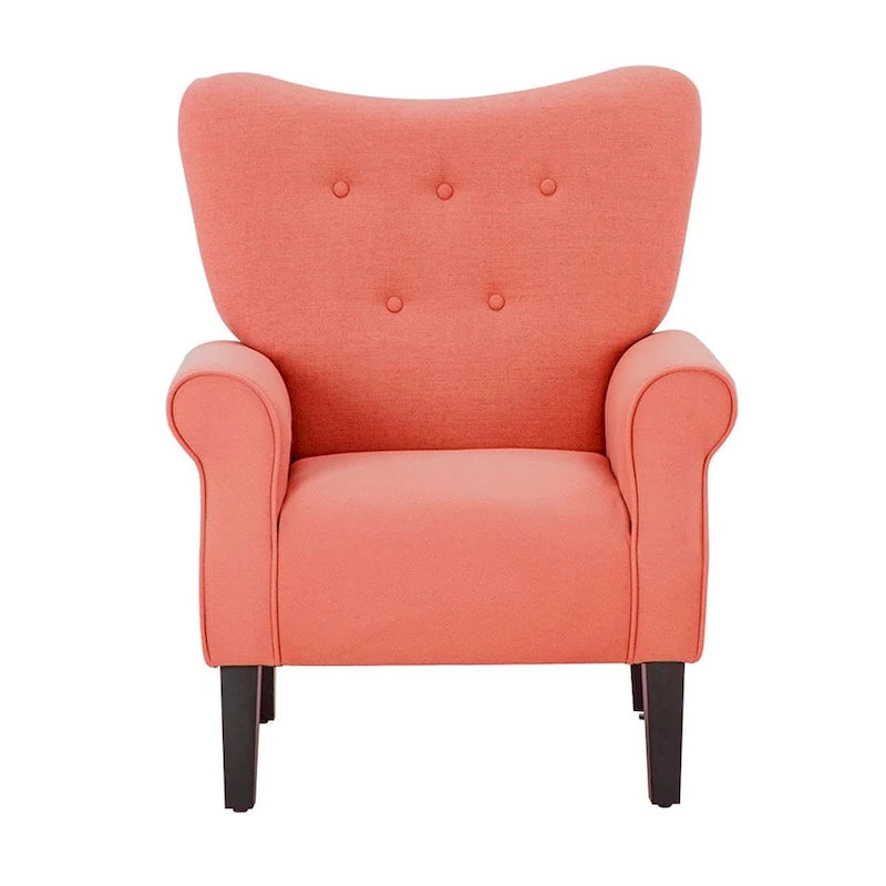 Fauteuil d’appoint moderne à dossier haut avec accoudoirs, canapé une place rembourré en tissu et capitonné à boutons, avec pieds en bois pour le salon