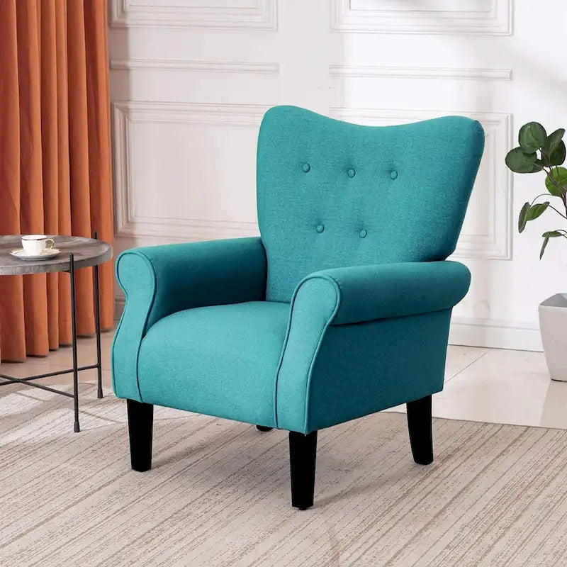 Fauteuil d’appoint moderne à dossier haut avec accoudoirs, canapé une place rembourré en tissu et capitonné à boutons, avec pieds en bois pour le salon