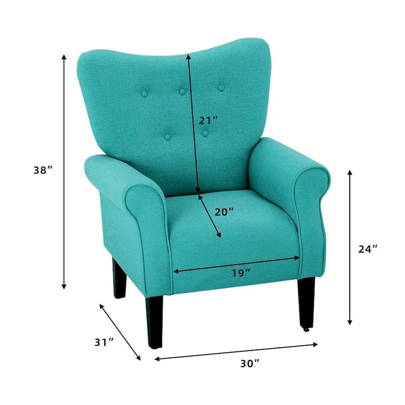 Fauteuil d’appoint moderne à dossier haut avec accoudoirs, canapé une place rembourré en tissu et capitonné à boutons, avec pieds en bois pour le salon