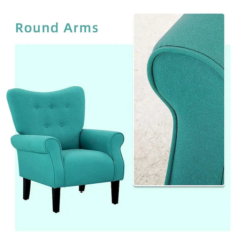 Fauteuil d’appoint moderne à dossier haut avec accoudoirs, canapé une place rembourré en tissu et capitonné à boutons, avec pieds en bois pour le salon