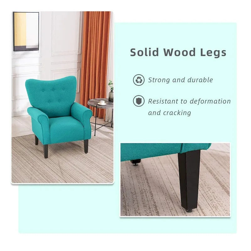Fauteuil d’appoint moderne à dossier haut avec accoudoirs, canapé une place rembourré en tissu et capitonné à boutons, avec pieds en bois pour le salon