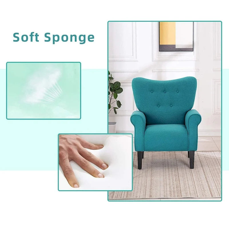 Fauteuil d’appoint moderne à dossier haut avec accoudoirs, canapé une place rembourré en tissu et capitonné à boutons, avec pieds en bois pour le salon