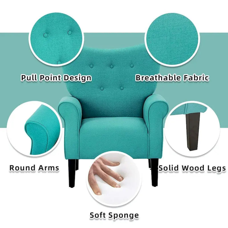 Fauteuil d’appoint moderne à dossier haut avec accoudoirs, canapé une place rembourré en tissu et capitonné à boutons, avec pieds en bois pour le salon