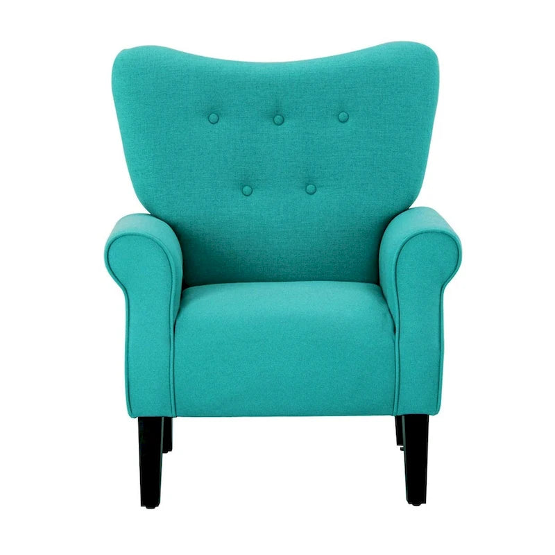 Fauteuil d’appoint moderne à dossier haut avec accoudoirs, canapé une place rembourré en tissu et capitonné à boutons, avec pieds en bois pour le salon