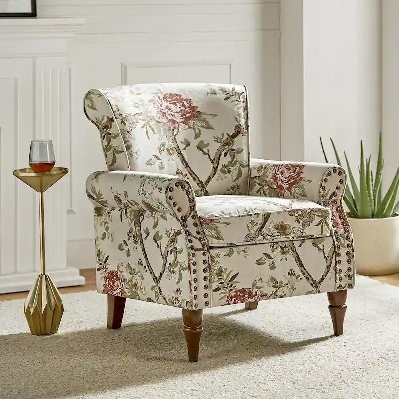 Fauteuil d’appoint traditionnel en polyester avec accoudoirs arrondis et garniture de clous décoratifs