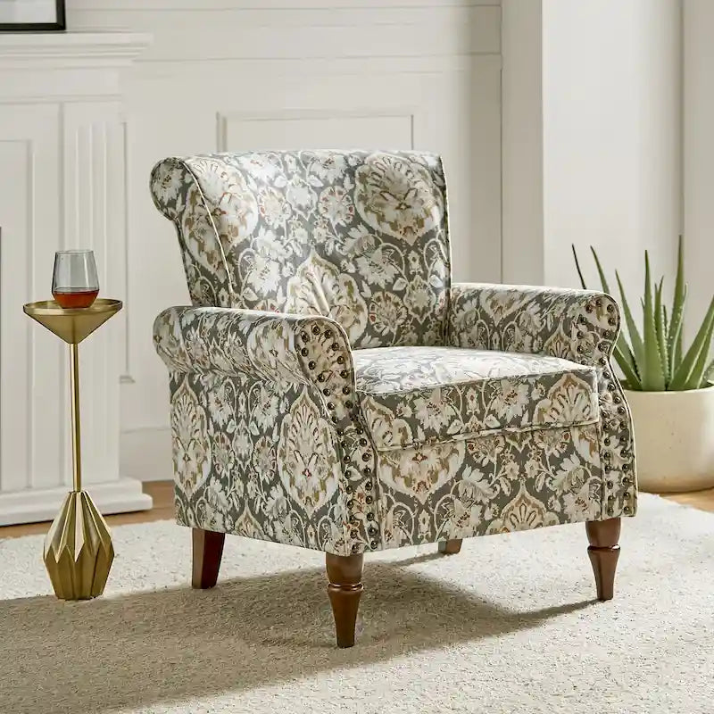 Fauteuil d’appoint traditionnel en polyester avec accoudoirs arrondis et garniture de clous décoratifs