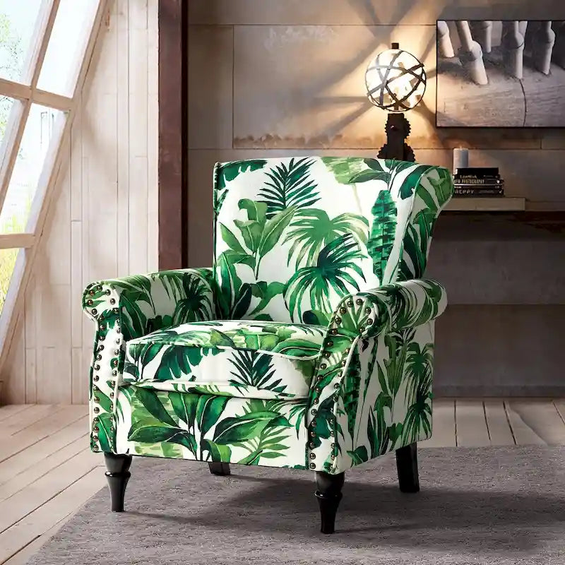 Fauteuil d’appoint traditionnel en polyester avec accoudoirs arrondis et garniture de clous décoratifs