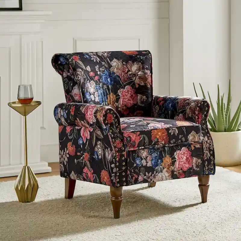 Fauteuil d’appoint traditionnel en polyester avec accoudoirs arrondis et garniture de clous décoratifs