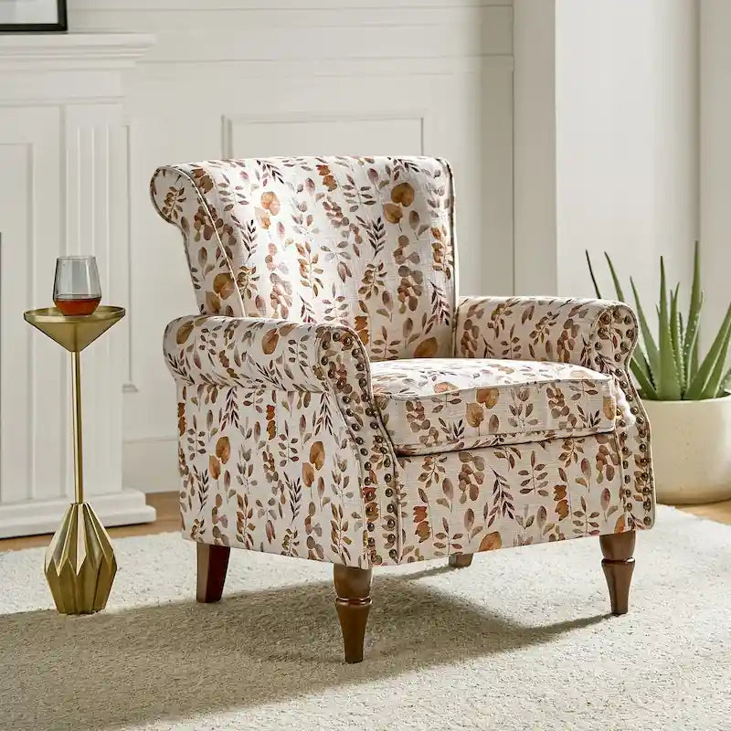 Fauteuil d’appoint traditionnel en polyester avec accoudoirs arrondis et garniture de clous décoratifs