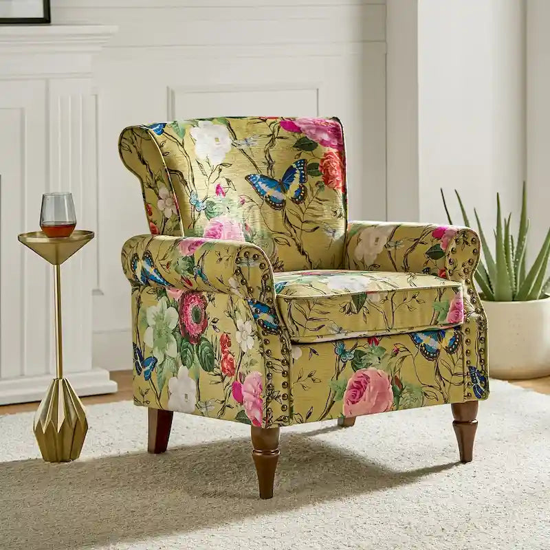 Fauteuil d’appoint traditionnel en polyester avec accoudoirs arrondis et garniture de clous décoratifs