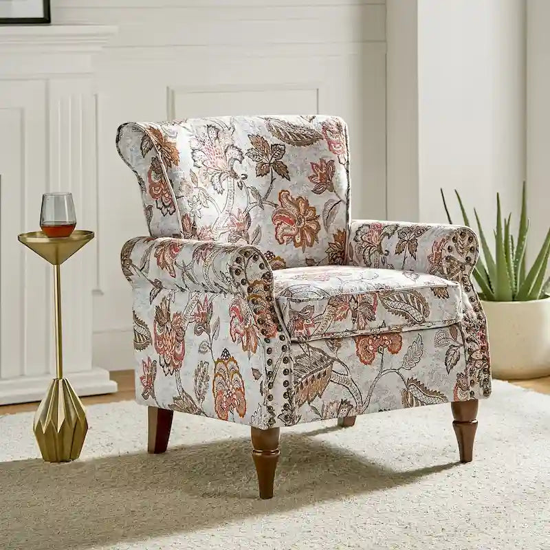 Fauteuil d’appoint traditionnel en polyester avec accoudoirs arrondis et garniture de clous décoratifs
