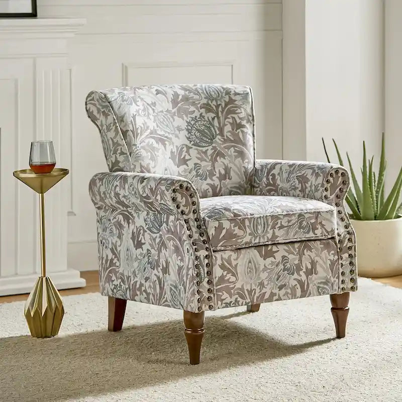 Fauteuil d’appoint traditionnel en polyester avec accoudoirs arrondis et garniture de clous décoratifs