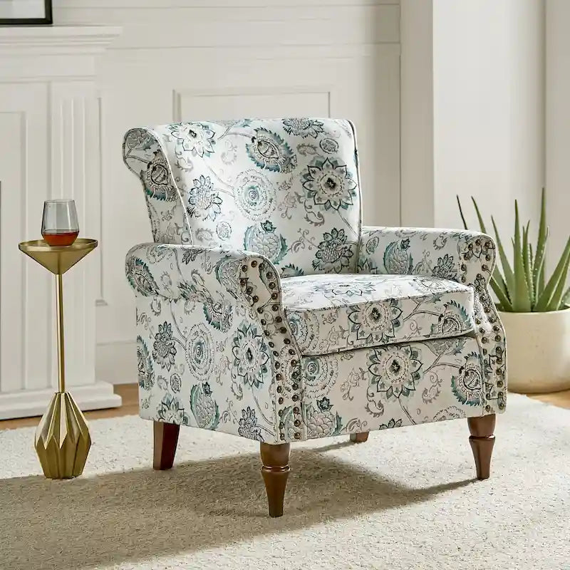 Fauteuil d’appoint traditionnel en polyester avec accoudoirs arrondis et garniture de clous décoratifs