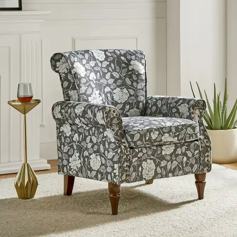 Fauteuil d’appoint traditionnel en polyester avec accoudoirs arrondis et garniture de clous décoratifs
