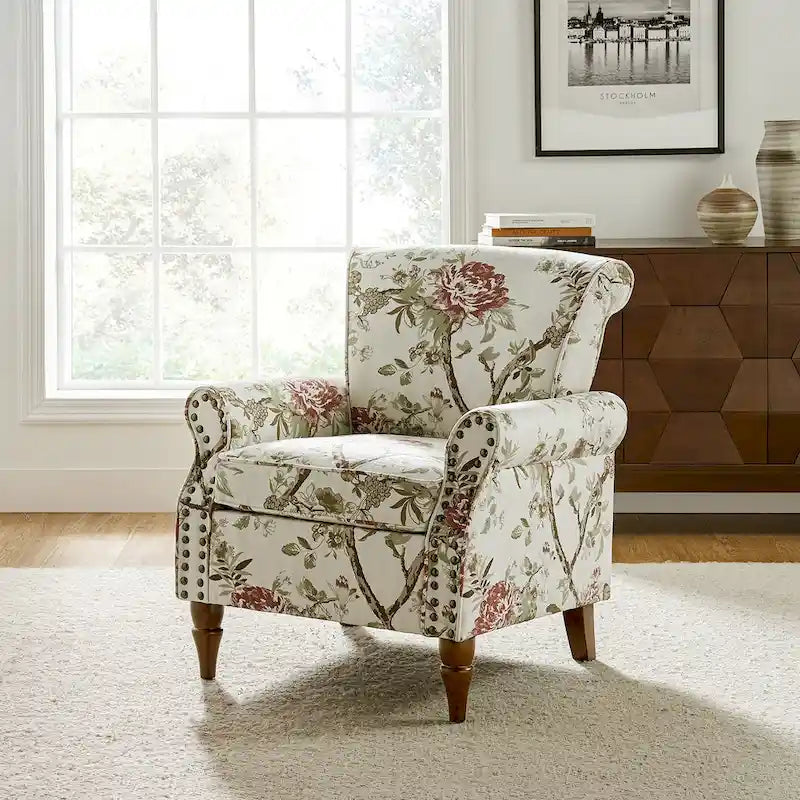 Fauteuil d’appoint traditionnel en polyester avec accoudoirs arrondis et garniture de clous décoratifs