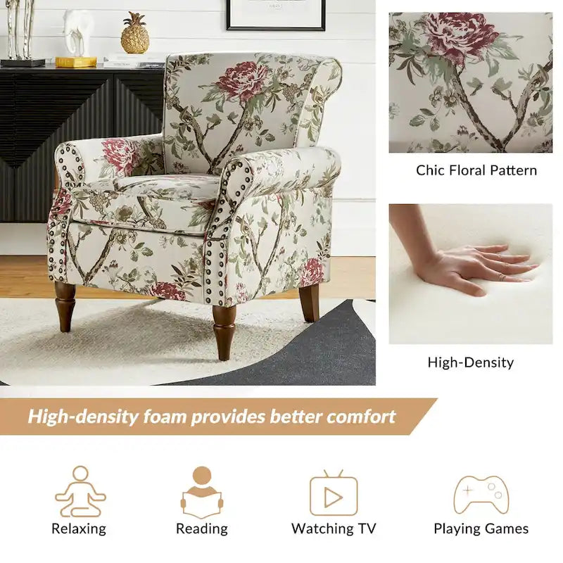 Fauteuil d’appoint traditionnel en polyester avec accoudoirs arrondis et garniture de clous décoratifs