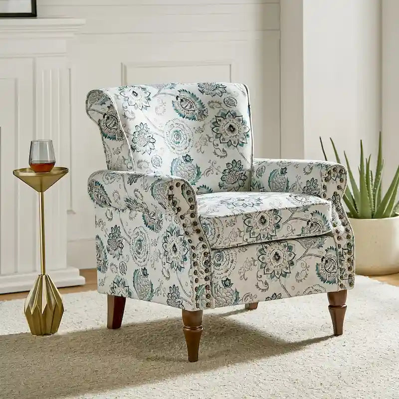 Fauteuil d’appoint traditionnel en polyester avec accoudoirs arrondis et garniture de clous décoratifs