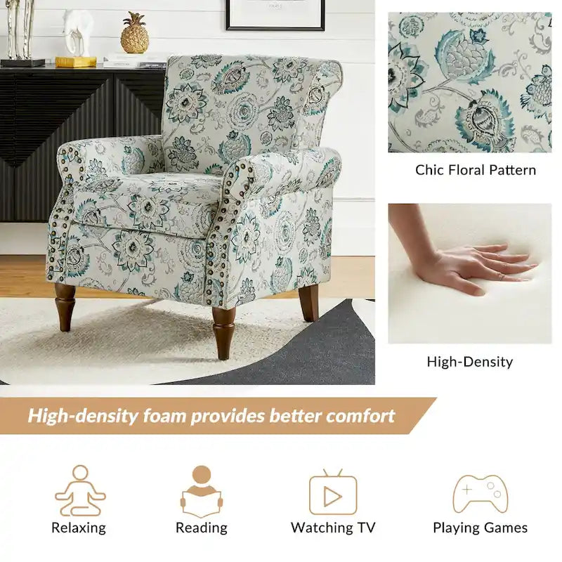 Fauteuil d’appoint traditionnel en polyester avec accoudoirs arrondis et garniture de clous décoratifs