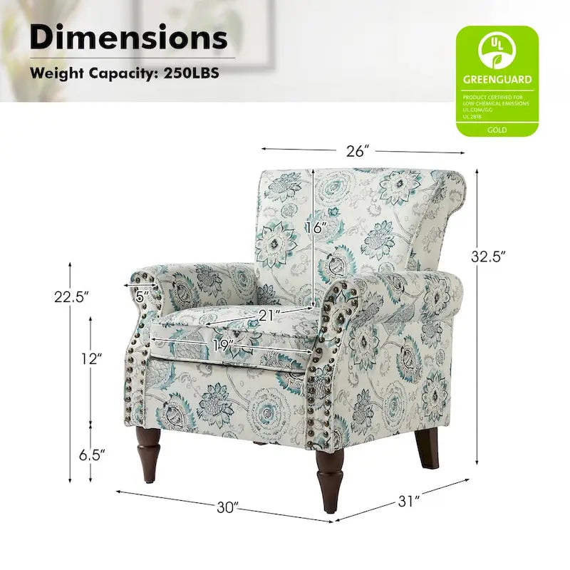 Fauteuil d’appoint traditionnel en polyester avec accoudoirs arrondis et garniture de clous décoratifs