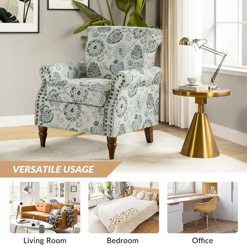 Fauteuil d’appoint traditionnel en polyester avec accoudoirs arrondis et garniture de clous décoratifs