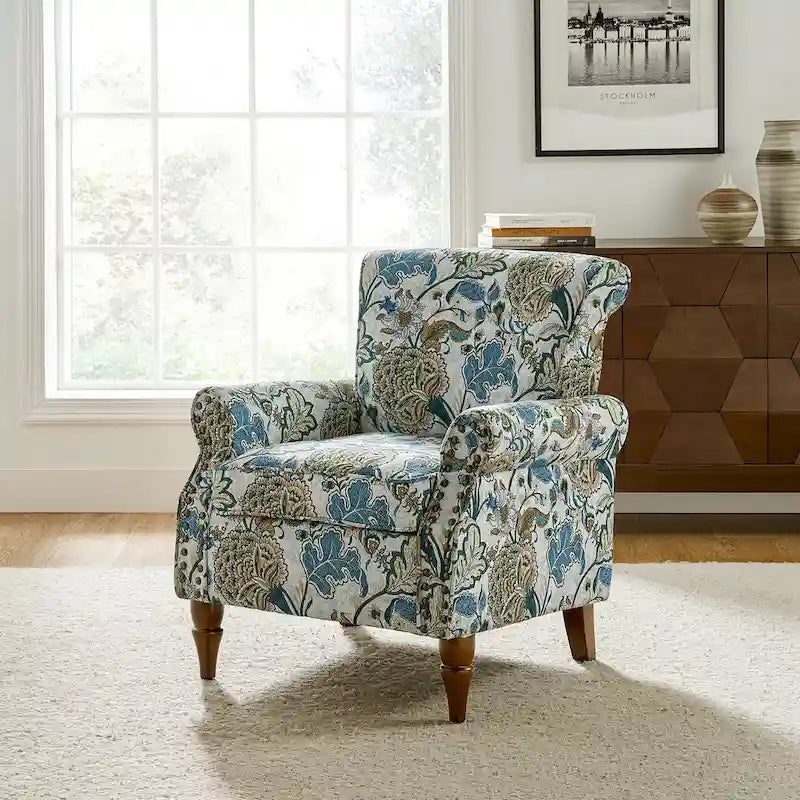 Fauteuil d’appoint traditionnel en polyester avec accoudoirs arrondis et garniture de clous décoratifs